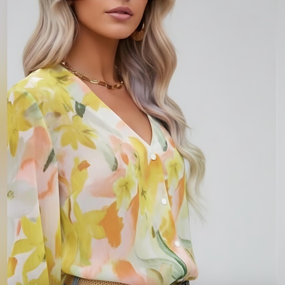 Gold Shimmer Floral Chiffon Blouse - Picture 2 of 9